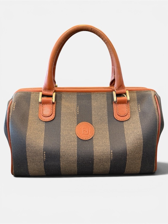 Fendi Handbags - Fendi Top Handle Brown and Tan Striped Canvas Satchel with Leather Trim
